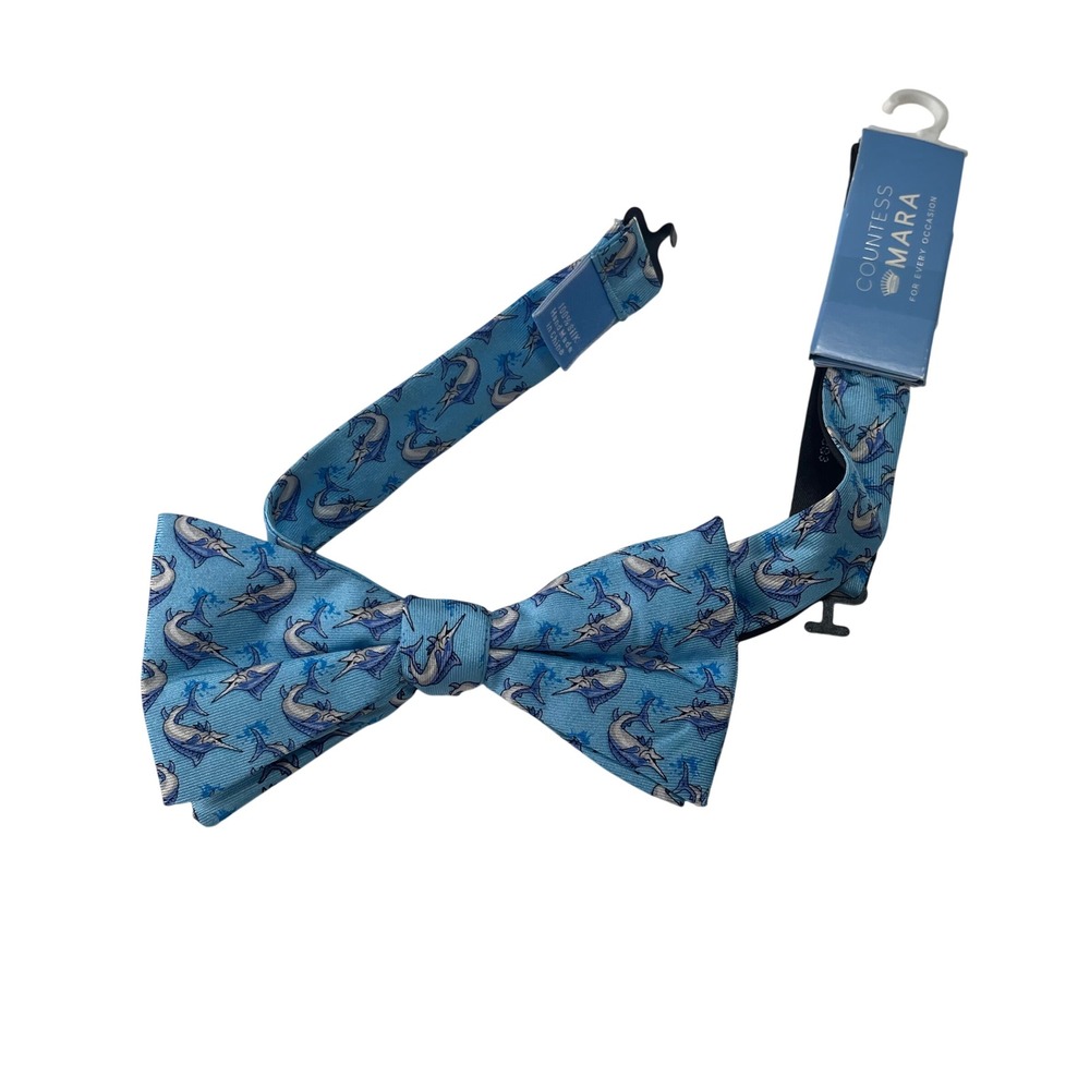 Countess Mara Bow Tie Men OS Blue Swordfish Silk Nautical Novelty Adjustable NEW